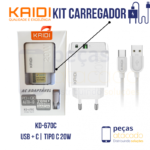 KIT CARREGADOR KAIDI USB + C | LIGHTNING 20W KD-670A