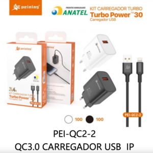 KIT CARREGADOR PEINING TURBO USB PARA LIGHTNING 18W (PEI-QC2-2)