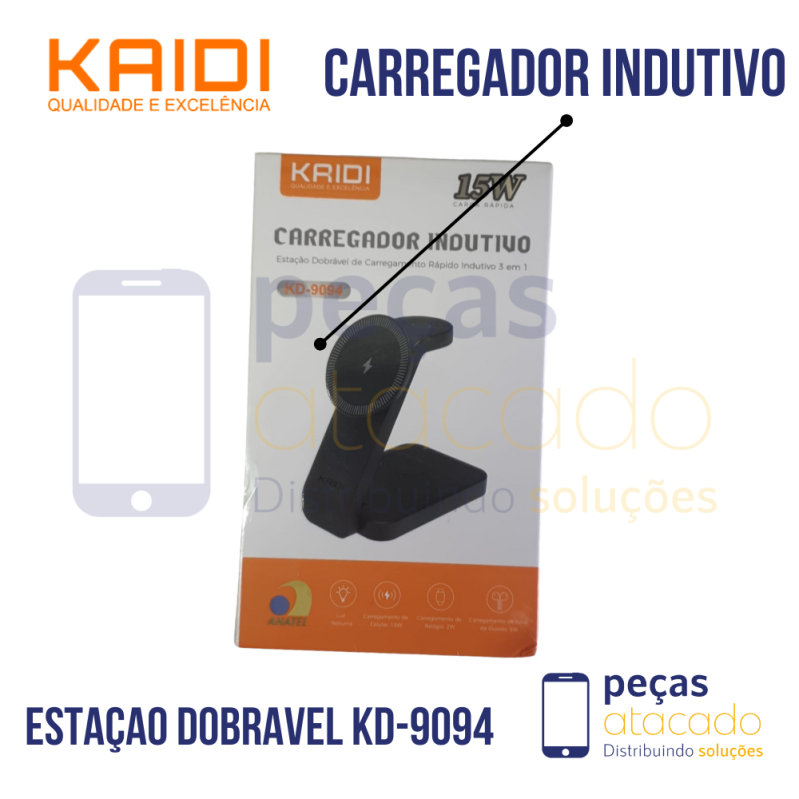 CARREGADOR INDUTIVO KAIDI ESTAÇAO DOBRAVEL 15W 3 EM 1 KD-9094