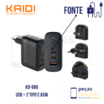 KIT CARREGADOR KAIDI USB + 2 TIPO C / TIPO C 65W KD-680CC