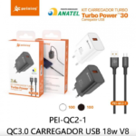 KIT CARREGADOR PEINING TURBO USB PARA V8 18W (PEI-QC2-1)